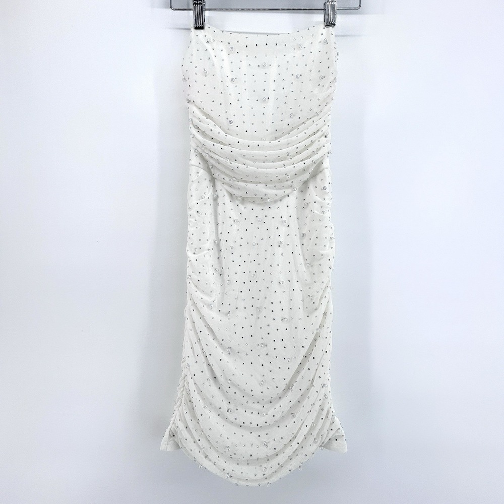 Rhinestone Ruched Ivory Mini Dress S Strapless Bodycon Bridal Bachelorette
